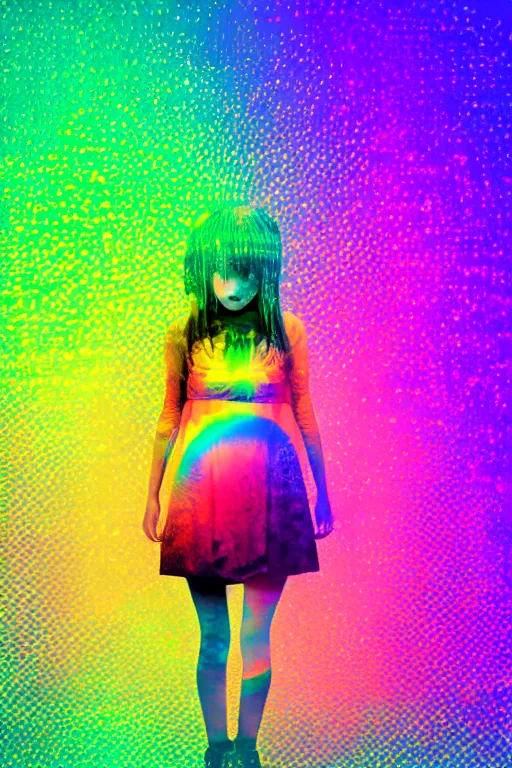 Prompt: girl in rainbow dress dancing, Anime style, glitchy, glitch art, chromatic aberration, halo over her head