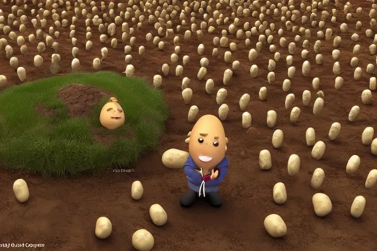 Prompt: the potato king which is a potato appears before the large crowd of his subjects in all his glory wearing his crown, concept art, blender, glossy googly eyes, realistic dirt, realistic potatoes.