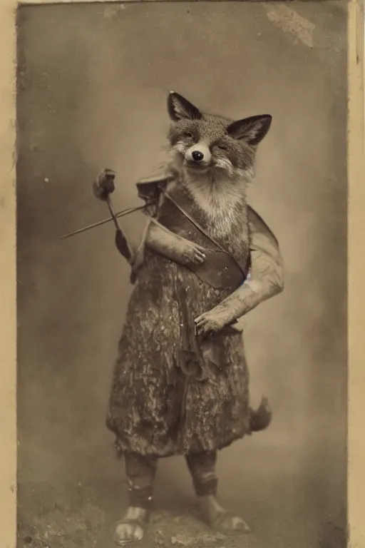 Image similar to a wet plate photo of an anthropomorphic fox dressed as robin hood