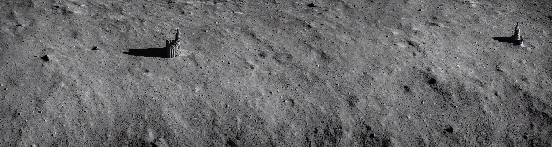 Prompt: landscape photography of the lunar surface with a spooky medieval castle tower on the far left