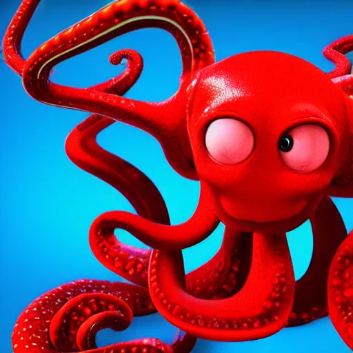 Prompt: portrait of red octopus, sly, cunning, blue background, pixar style animation 3d extremely gloomy lighting, atmospheric, cinematic, detailed illustration unreal Engine, 8K