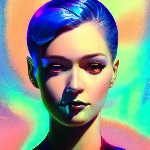 Image similar to hologram woman is bored, with cute - fine - face, pretty face, oil slick hair, realistic shaded perfect face, extremely fine details, by realistic shaded lighting, dynamic background, poster by ilya kuvshinov katsuhiro otomo, magali villeneuve, artgerm, jeremy lipkin and michael garmash and rob rey, pascal blanche, kan liu