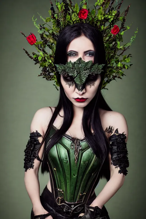 Image similar to very beautiful female orc top model, dark green hair and skin, wearing valentin yudashkin gothic victorian armor with leaves and flowers, luxury materials, symmetrical, cinematic, elegant, professional studio light, real dlsr photography, sharp focus, 4 k, ultra hd, sense of awe, high fashion