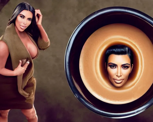 Prompt: Kim Kardashian coming out from a giant cup of coffee, cinematic, highly detailed, HD, 4K, professional image, professional lighting