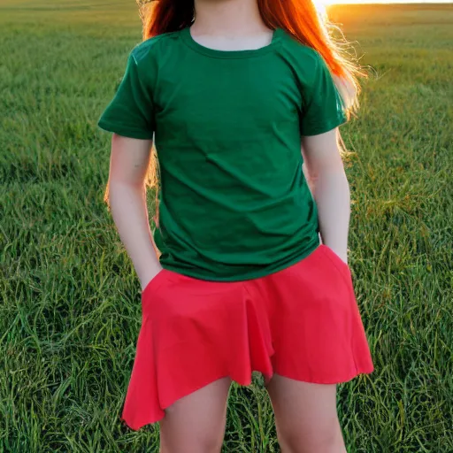 Prompt: Girl Green t-shirt looking sunset