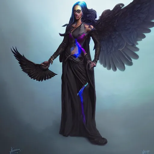 Prompt: character portrait of a modest robed dark raven angel with iridescent black raven wings, by Peter Mohrbacher, Mark Brooks, Jim Burns, Marina Abramović, Wadim Kashin, trending on Artstation