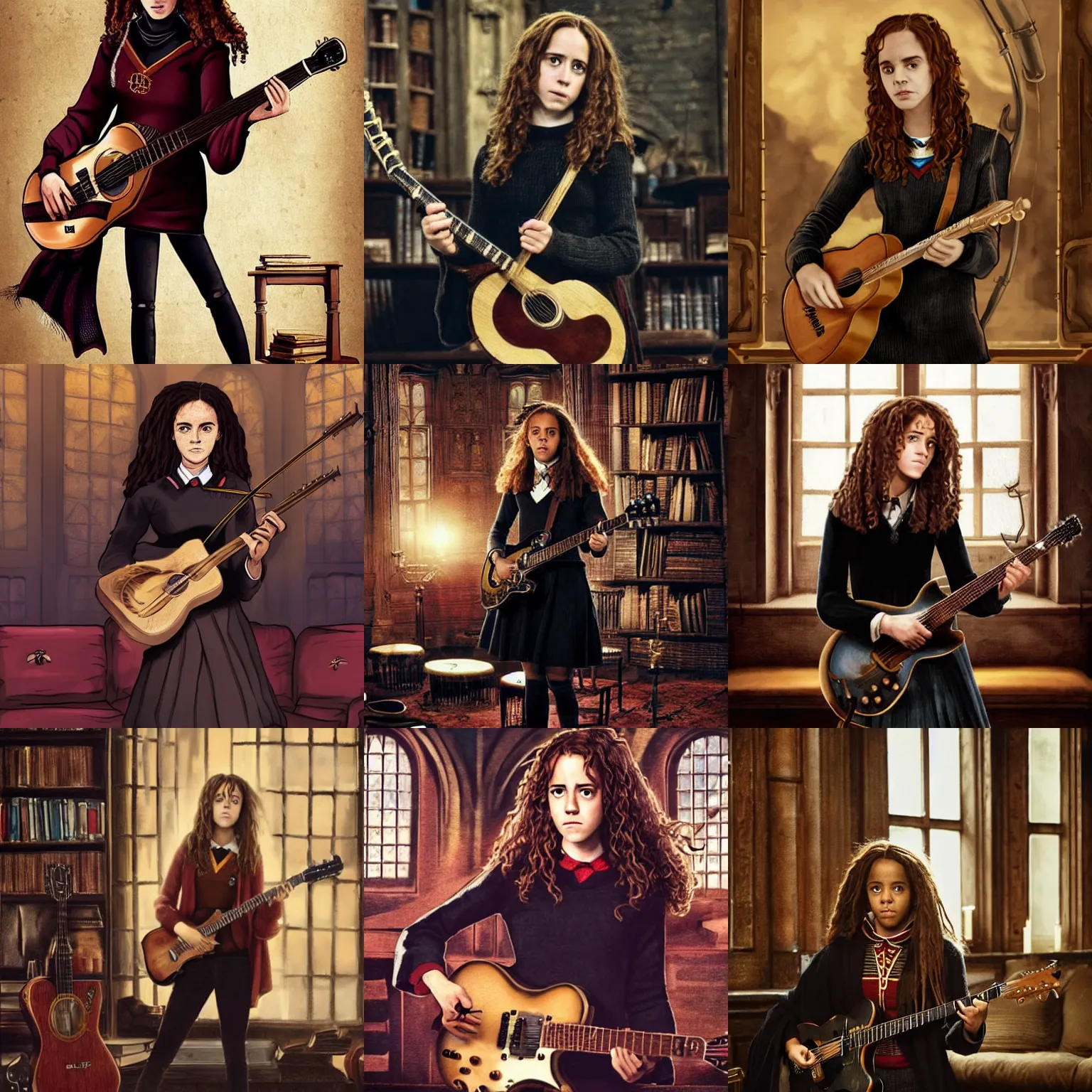 Prompt: Hermione Granger wearing a black sweater, playing a guitar, in the Gryffindor common room, steampunk art