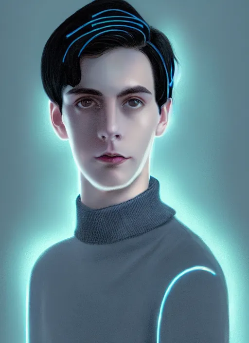 Image similar to portrait of teenage jughead jones wearing a light grey crown, crown, blue turtleneck, closed eyes, photorealistic, black hair, glowing lighting, intricate, elegant, glowing lights, highly detailed, digital painting, artstation, concept art, smooth, sharp focus, illustration, art by wlop, mars ravelo and greg rutkowski