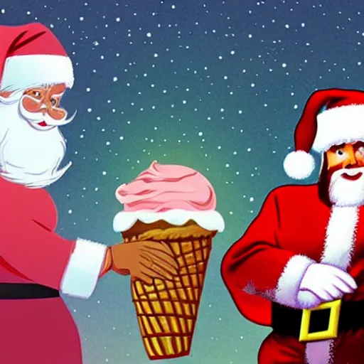 Image similar to Santa and Jesus have an epic machine gun battle whilst a pink ice cream watches on from a distance