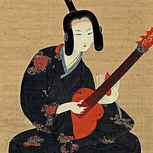 Image similar to the Chinese ancient painting of a lady playing rock guitar in Tang Dynasty , by Han Xizai