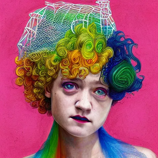 Image similar to surrealism psychedelic portrait sketch of julia garner as delirium of the endless in fishnet top and rainbow tutu skirt from the sandman, floating goldfish, green and blue eye heterochromia by alex ross, josh kirby, detailed, elegant, intricate