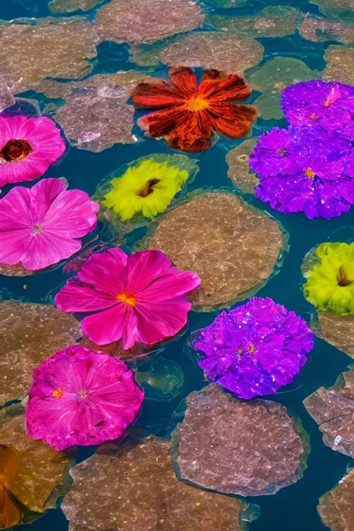 Prompt: flowers floating on crystal clear water