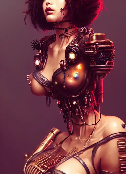 Image similar to soft lustrous seductive ebony geisha raver gutter punk steampunk cyborg, golden ratio, details, scifi, fantasy, cyberpunk city, intricate, decadent, highly detailed, octane render, digital painting, artstation, concept art, sharp focus, illustration, art by artgerm, loish, wlop