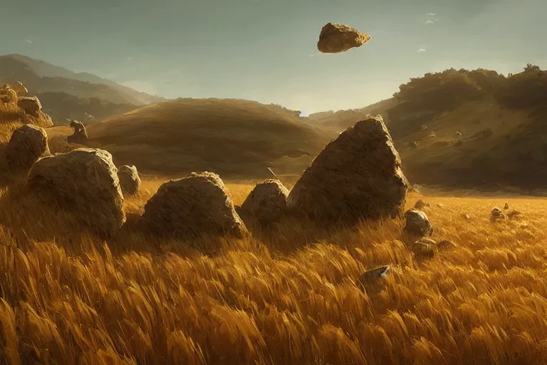 Image similar to uncanny rocks floating over a wheat field, hard light and long shadows, afternoon sunshine, detailed digital art by artgerm and WLOP, Greg Rutkowski, Felix Kelly, Detailed Digital Art, dynamic lighting, Highly Detailed, Cinematic Lighting, 8k, HD