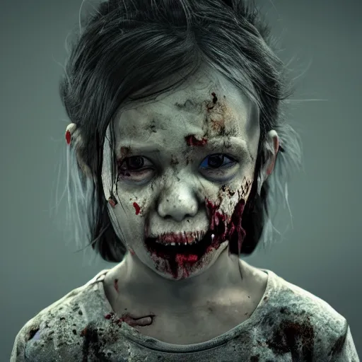 Prompt: angry female zombie toddler without eyes portrait, empty bloody - black eyesockets, horror core, apocalyptic, feeling of grimdark, sharp focus, fiction, hyper detailed, digital art, trending in artstation, cinematic lighting, studio quality, smooth render, unreal engine 5 rendered, octane rendered, art style and nixeu and wlop and krenz cushart