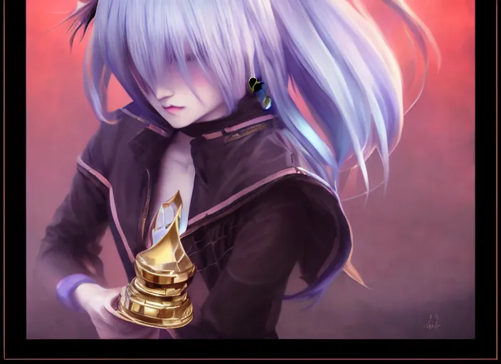 Image similar to a pale anime girl playing chess, league of legends, with golden eyes, straight sky blue hair, long bangs, black jacket, high collar, concept art, award winning photography, digital painting, cinematic, by wlop, anime key visual, wlop, 8 k, by ross tran, tom bagshaw, andy warhol