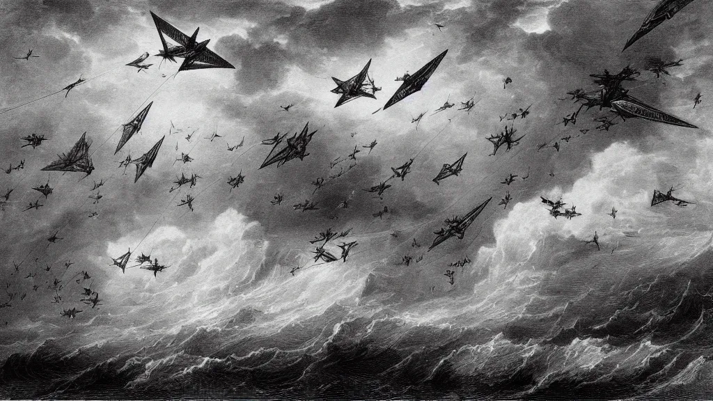 Image similar to drawing of many ornithopters flying above a stormy ocean, by gustave dore, nineteenth century, black and white, vintage, science fiction, epic composition, dramatic lighting, highly detailed, cinematic