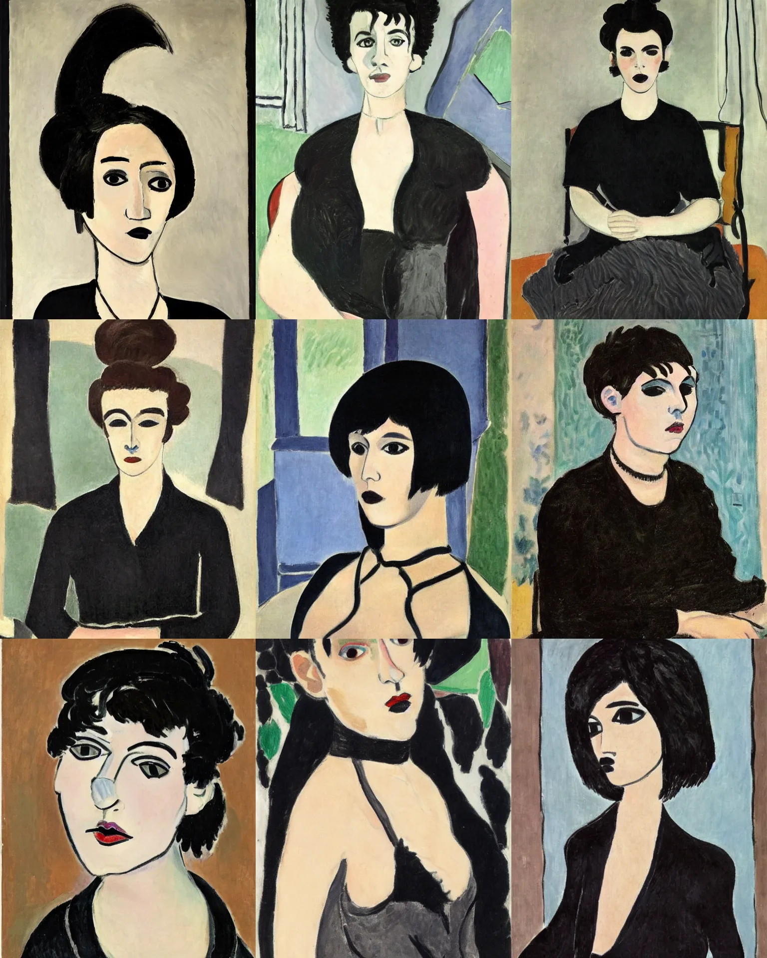 Prompt: A goth portrait painted by Henri Matisse. Her hair is dark brown and cut into a short, messy pixie cut. She has a slightly rounded face, with a pointed chin, large entirely-black eyes, and a small nose. She is wearing a black tank top, a black leather jacket, a black knee-length skirt, a black choker, and black leather boots.