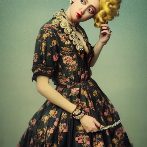 Image similar to “ 8 k, octane render, realism, tonalism, renaissance, rococo, baroque, portrait of miley cyrus wearing long - harajuku manga - dress with flowers and skulls, cotton candy!! ( background chaotic gold leaf flowers ) ”