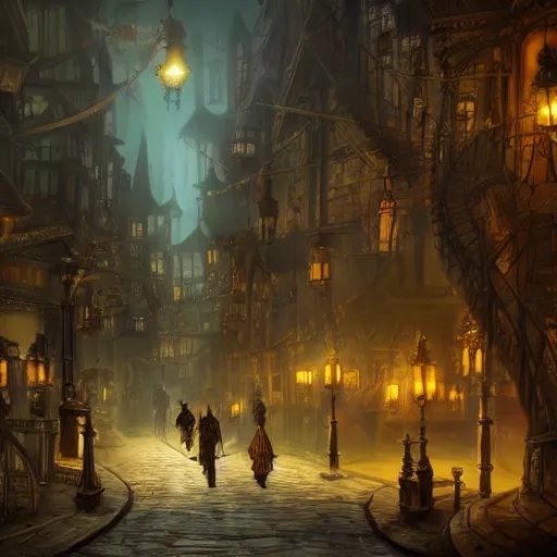 Image similar to fantasy steampunk victorian city, with people walking on the streets, at night, 4k, concept art