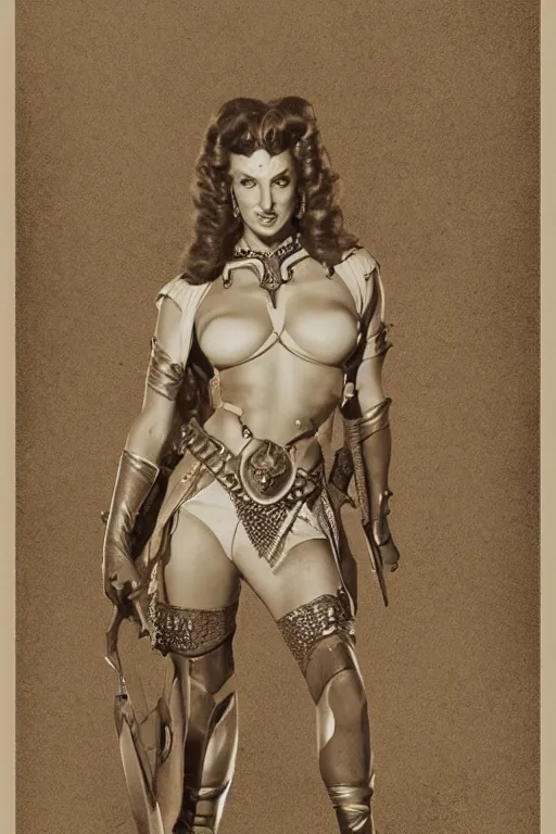 Image similar to teela from masters of the universe, portrait, full body, symmetrical features, silver iodide, 1 8 8 0 photograph, sepia tone, aged paper, sergio leone, master prime lenses, cinematic