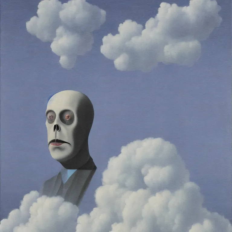 Image similar to portrait of a scary creepy ghost death, clouds in the background, by rene magritte, detailed painting, distance, middle centered, hd, hq, high resolution, high detail, 4 k, 8 k