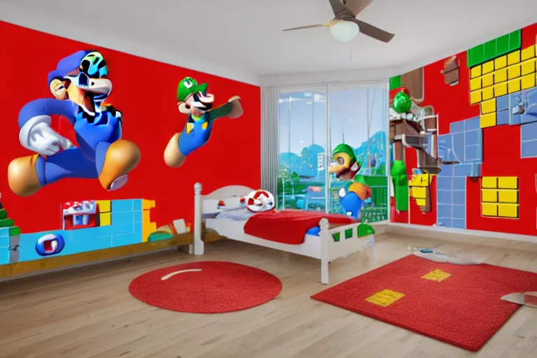 Prompt: a child's bedroom with a super mario bros mural spread across several walls, interior design, professional photography, 4 k