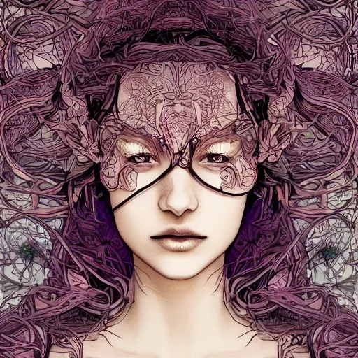 Image similar to the portrait of an incredibly beautiful woman made of potatoes roots and violets, an ultrafine detailed illustration by james jean, final fantasy, intricate linework, bright colors, behance contest winner, vanitas, angular, altermodern, unreal engine 5 highly rendered, global illumination, radiant light, detailed and intricate environment