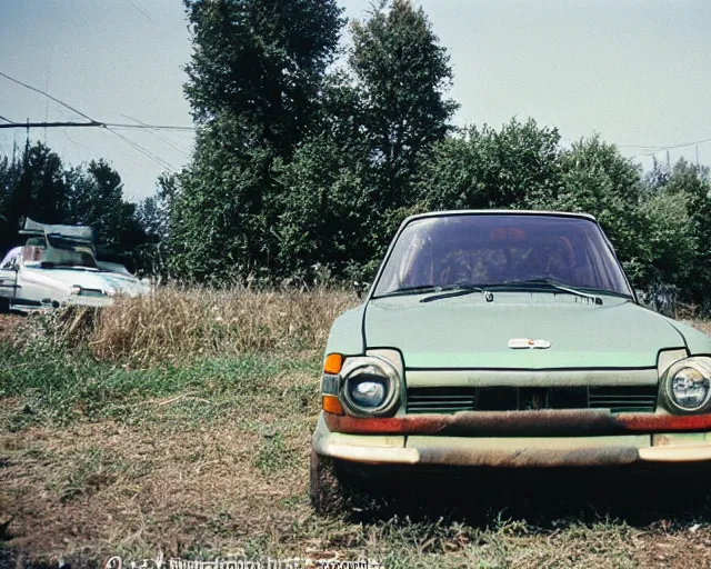 Image similar to a lomographic photo of old lada 2 1 0 7 concept car standing in typical soviet yard in small town, hrushevka on background, cinestill, bokeh