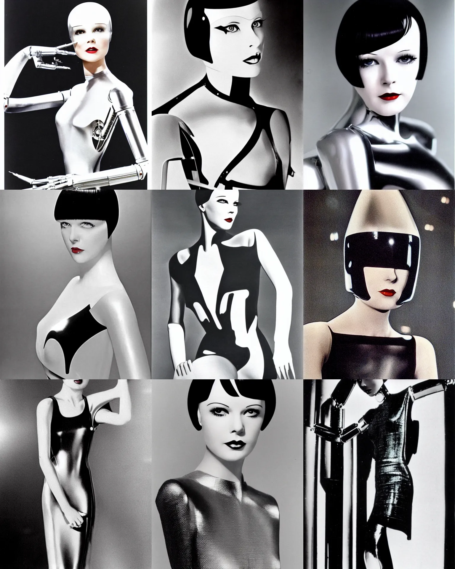 Prompt: mary louise brooks is half robot, chrome skin, 1 9 8 0 s airbrush, clean lines, futuristic, blade runner, dress made with circuit tracks