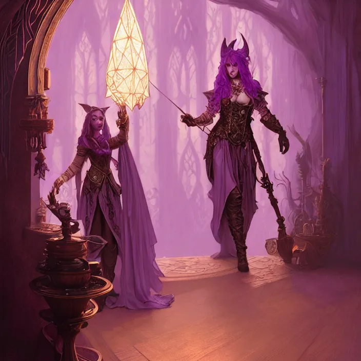 Image similar to veiled d & d bard with her lilac leather armor in a fantasy inn, volumetric lighting, fantasy, intricate, elegant, highly detailed, lifelike, photorealistic, digital painting, artstation, fox ears illustration, concept art, sharp focus, byalbert aublet and krenz cushart and artem demura and alphonse mucha