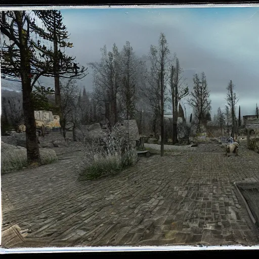 Image similar to polaroid of whiterun by Tarkovsky