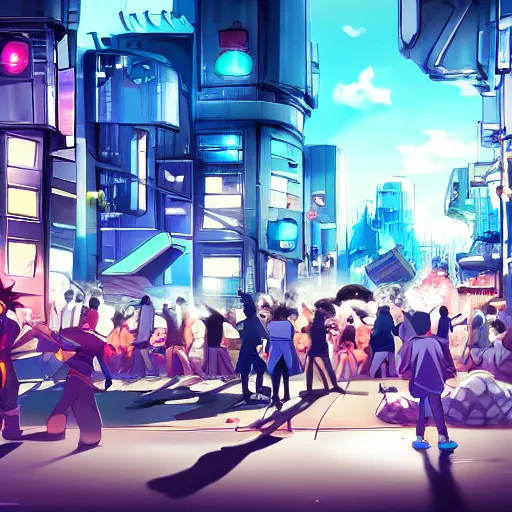 Prompt: futuristic city street with people fighting, anime style