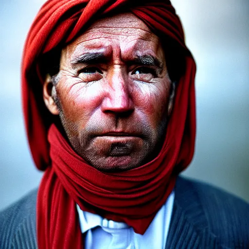 Prompt: portrait of president joe biden as afghan man, green eyes and red scarf looking intently, photograph by steve mccurry
