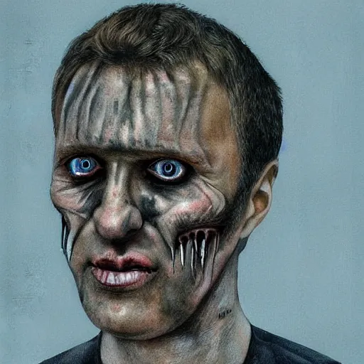 Image similar to Bodyhorror portrait by H.R.Giger of Alexei Navalny who became a degenerate horror Abomination, photo-realistic, color image, 2K, highly detailed