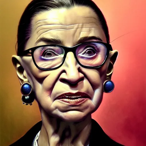 Image similar to a hyper - realistic character concept art portrait of young ruth bader ginsburg, young, depth of field background, artstation, award - winning realistic sci - fi concept art by jim burns and greg rutkowski, beksinski, a realism masterpiece, james gilleard, bruegel, alphonse mucha, and yoshitaka amano.