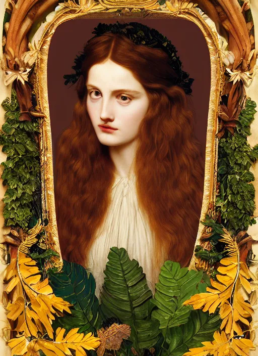 Prompt: masterpiece beautiful seductive flowing curves preraphaelite face portrait amongst leaves, extreme close up shot, straight bangs, thick set features, yellow ochre ornate medieval dress, horns, amongst foliage mushroom forest arch framed with plants, gold gilded circle halo, kilian eng and frederic leighton and rosetti, 4 k
