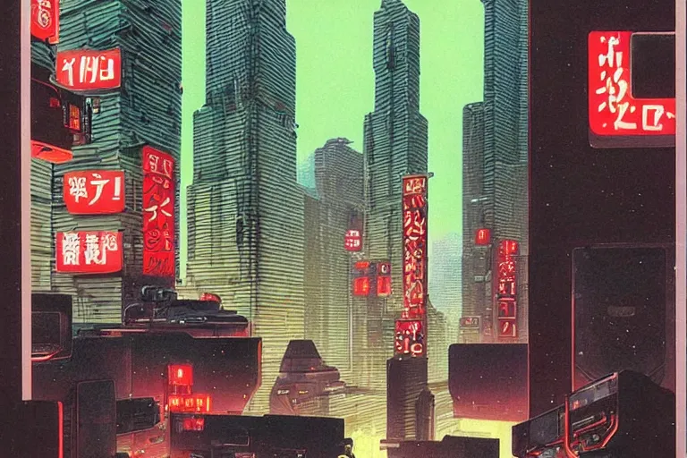 Prompt: 1 9 7 9 omni magazine cover of nakagin capsule tower with neo - tokyo streets behind it in cyberpunk style by vincent di fate