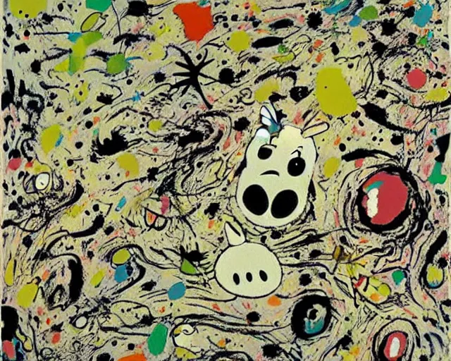 Image similar to abstract expressionism. a still from my neighbor totoro, re imagined in the style of jackson pollock. surrealism, dadaism, ghibli