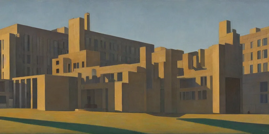 Prompt: brutalist architecture, fantastical courtyard, morning light, grant wood, pj crook, edward hopper, oil on canvas