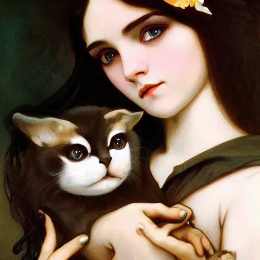 Prompt: cute baby - faced goth girl with long dark hair parted sideways thick eyebrows and dark eyes wide nose, big eyes, medium mouth, she is holding a cat in her arms, by juan villafuerte, greg rutkowski and alphonse mucha, pexels contest winner, high quality photo, rtx, hd