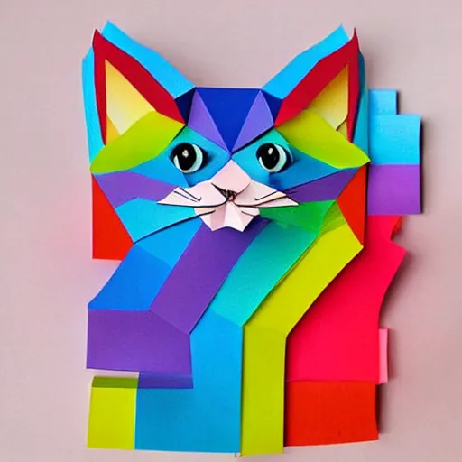 Prompt: Highly detailed and intricate Rainbow papercraft cat