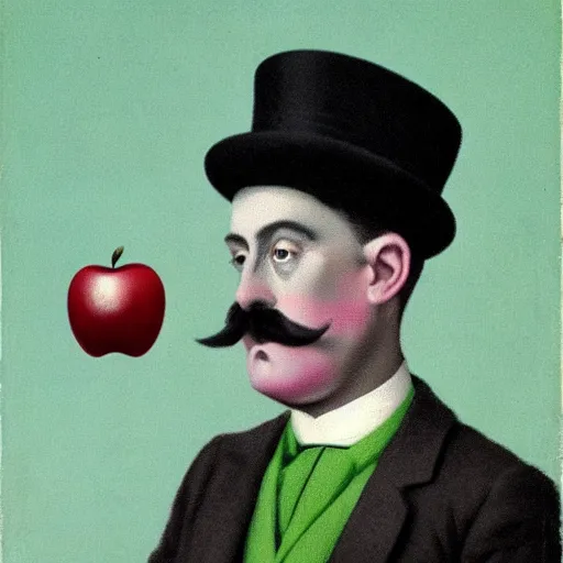 Prompt: Victorian gentlemen wearing a bowler hat looking on a green apple, in the style of rene magritte, 1900s photo