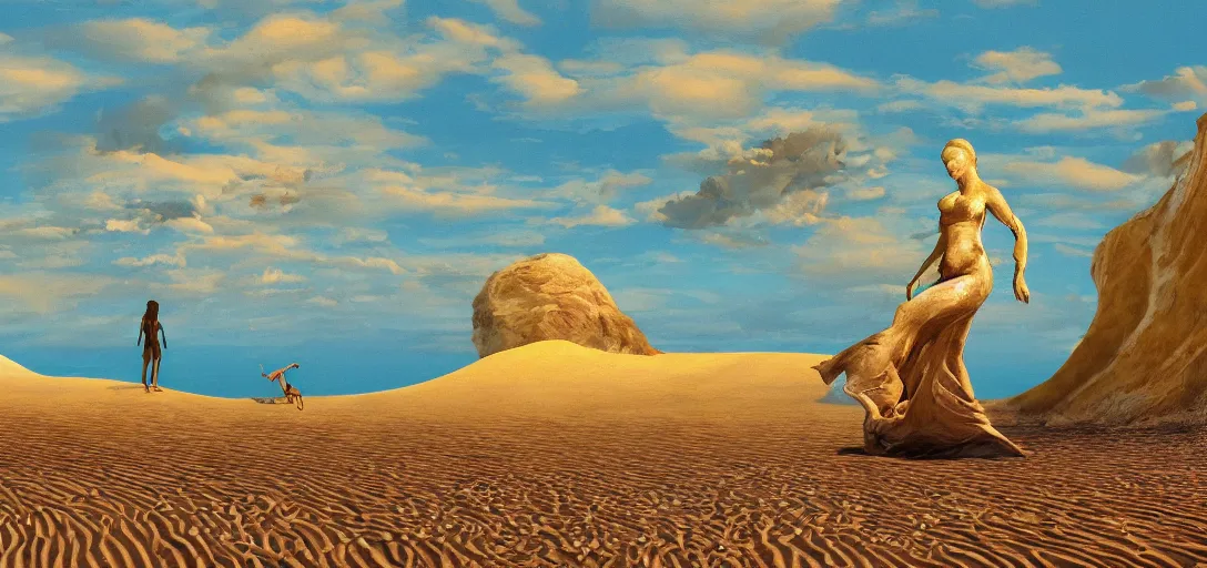 Image similar to a golden salt flat surrounded by dunes with a ruined statue of a woman emerging from the blue sand, illustrated, epic composistion, surreal flat colors, concept art
