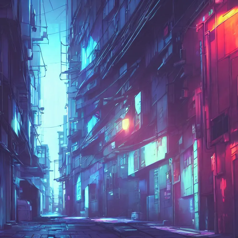 Image similar to city alleyway in the atmospheric cyberpunk anime film, gouache matte background painting, neon noir, at night with lights, by makoto shinkai, in the anime series ergo proxy, beautiful specular edge highlights and rim lighting