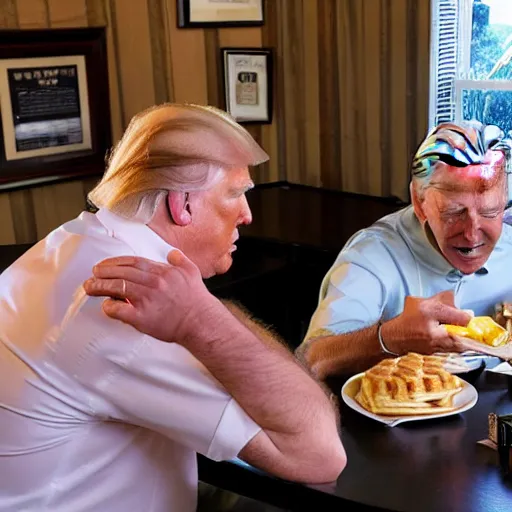 Image similar to photograph of trump and Biden sitting and eating breakfast at a Wafflehouse