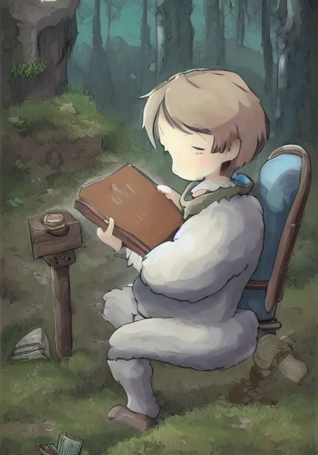Prompt: beautiful little boy wearing sheep suit reading a book while sitting on chair, gray, blue, green and brown pallet color. made in abyss art style, inspired by kris from deltarrune, cute detailed artwork, anatomically correct, soft details, ilya kuvshinov, reflection, perfect composition, mobile wallpaper, illumination, helltaker, digital art, forest