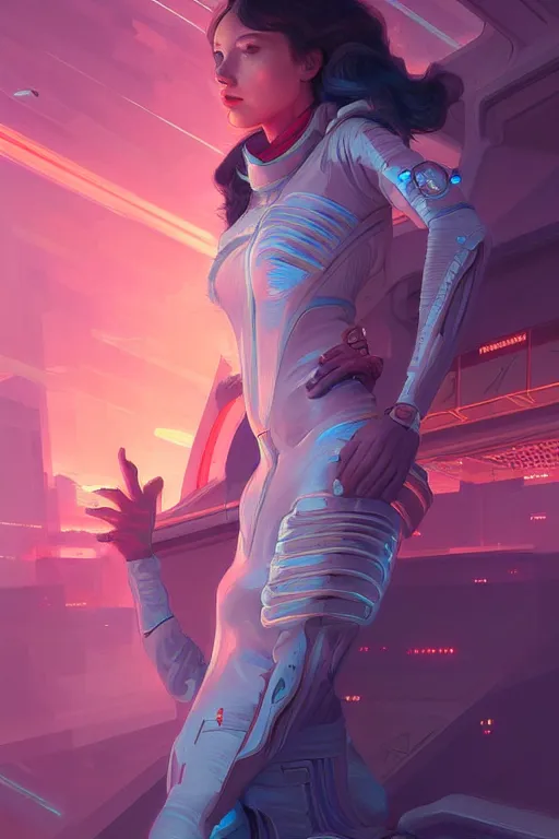 Image similar to portrait futuristic Airforce Girl, in future airport rooftop , ssci-fi, fantasy, intricate, very very beautiful, elegant, human anatomy, neon light, highly detailed, digital painting, artstation, concept art, smooth, sharp focus, illustration, art by tian zi and WLOP and alphonse mucha