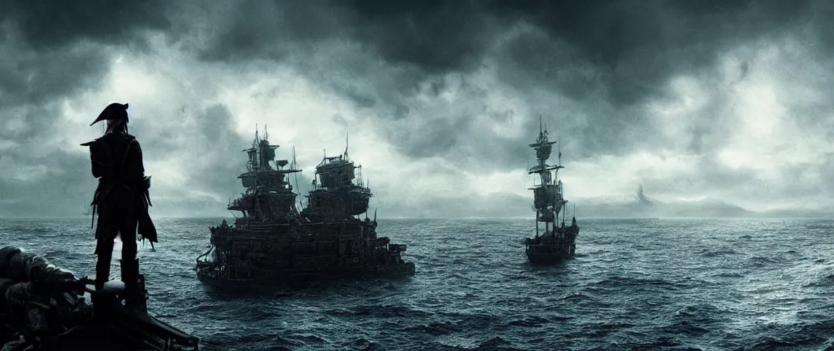 Prompt: a pirate standing on his ship watching alien ships over the sea, beautiful dramatic moody lighting, cinematic atmosphere, high detail, 8k, ornate, dark fantasy, masterpiece, complex, film still from the movie directed by Denis Villeneuve with art direction by Gregory Crewdson, Joel Sternfeld