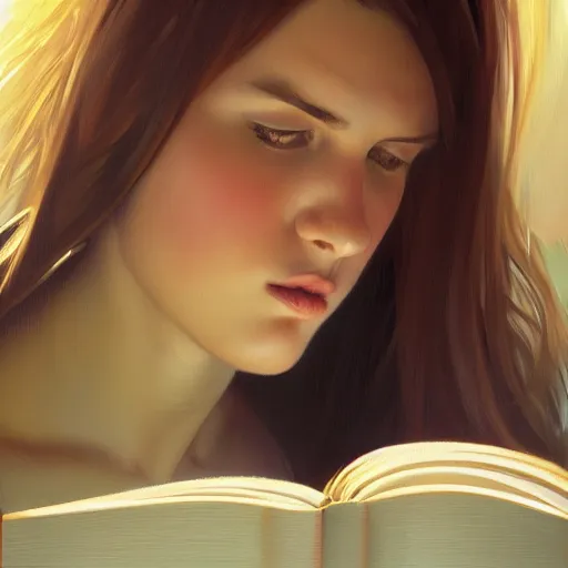 Image similar to hyperrealistic oil painting of a girl reading a book, realistic shaded perfect face, extremely fine details, realistic shaded lighting, stormy background, artgerm, 8 k ultra realistic, highly detailed, art by christopher balaskas, alphonse mucha, craig mullins, alena aenami, ultra detailed